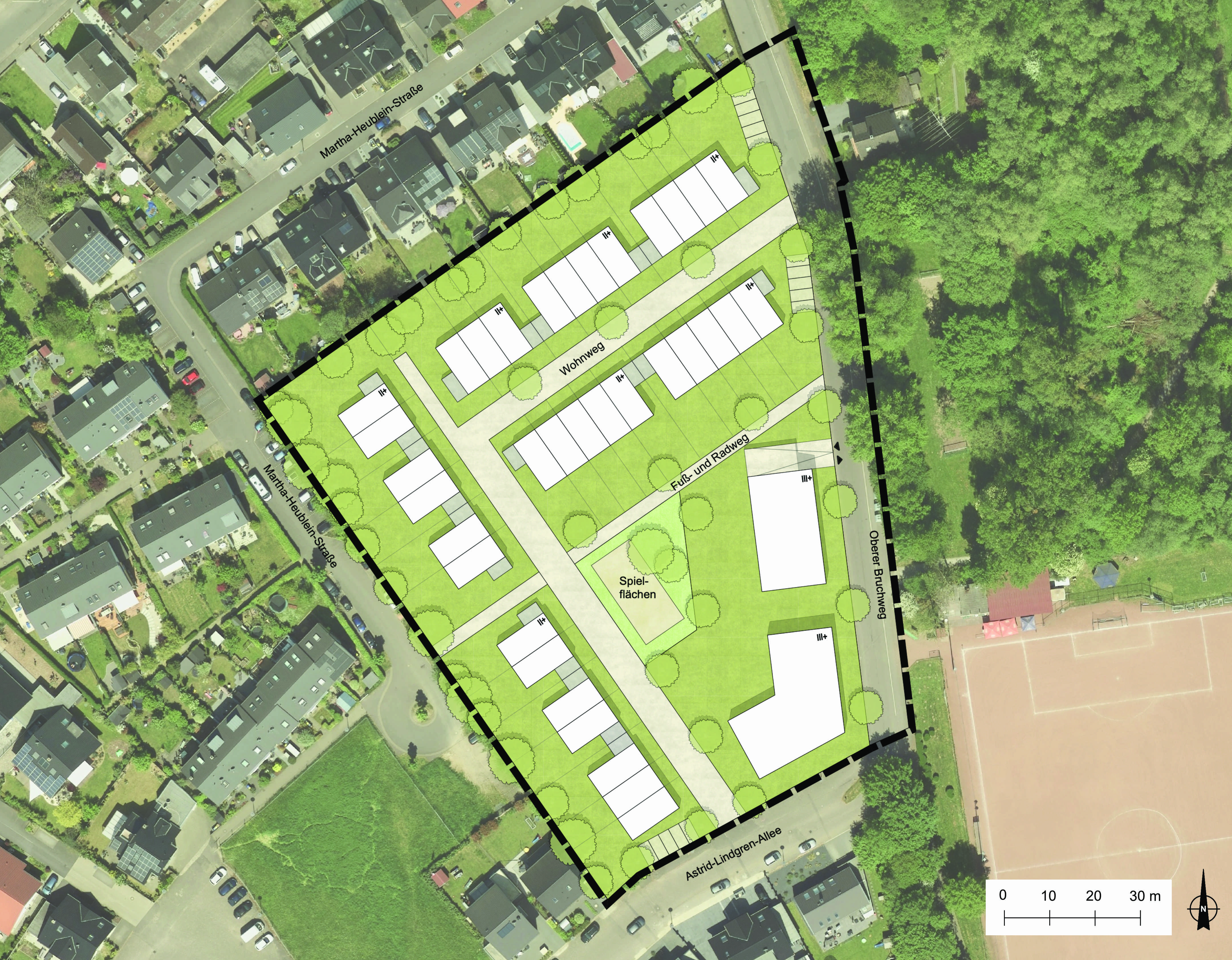 Städtebauliches Planungskonzept (Testentwurf) Städtebauliches Planungskonzept (Testentwurf) des Vorhabens zeigt zweigeschossige Doppel- und Reihenhäuser mit Garagen auf dem Grundstück bzw. Sammelstellplatzanlagen am Oberen Bruchweg und Astrid-Lindgren-Allee. Am Oberen Bruchweg Ecke Astrid-Lindgren-Allee sind zwei Mehrfamlienhäuser mit drei Geschossen plus Staffelgeschoss platziert. Die Erschließung funktioniert über einen Wohnweg. Eine Fuß- und Radverbindung durchquert das Quartier von der Flehbachaue zum Wendehammer an der Martha-Heublein-Straße. Im Zentrum des Quartiers gibt es Spielflächen.