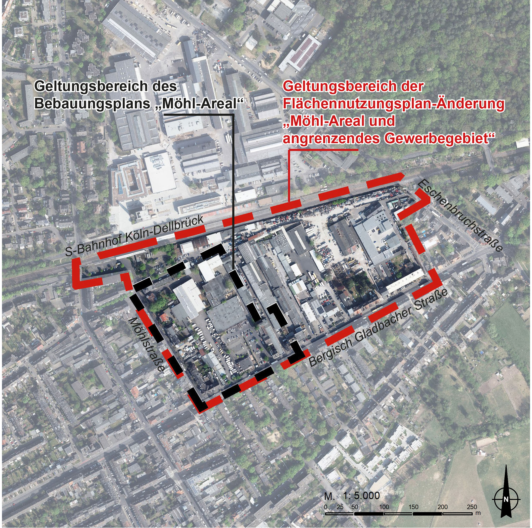 Luftbild aus 2020 mit den Abgrenzungen der beiden Planverfahren Luftbild aus 2020 mit den Abgrenzungen der beiden Planverfahren