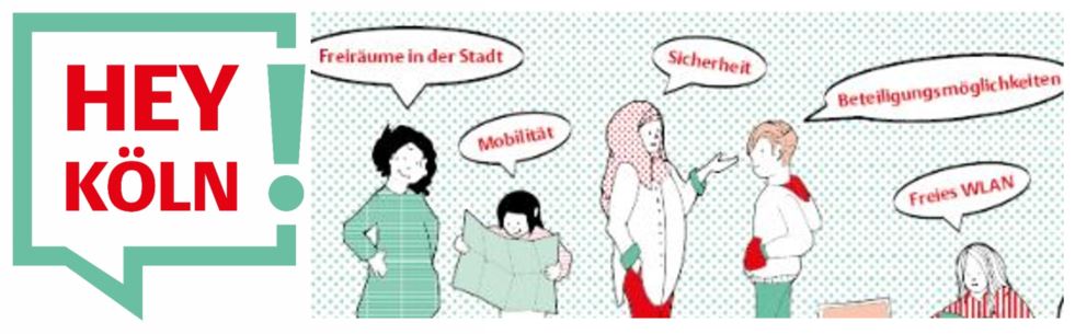 Slider Hey Köln Slider mit Kindern und Jugendlichen sowie das Logo Hey Köln