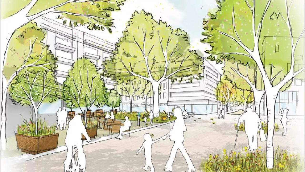 Visualisierung Perspektive Willi Millowitsch Platz Gezeichnetes buntes Bild aus der Perspektive Willy Millowitsch Platz.