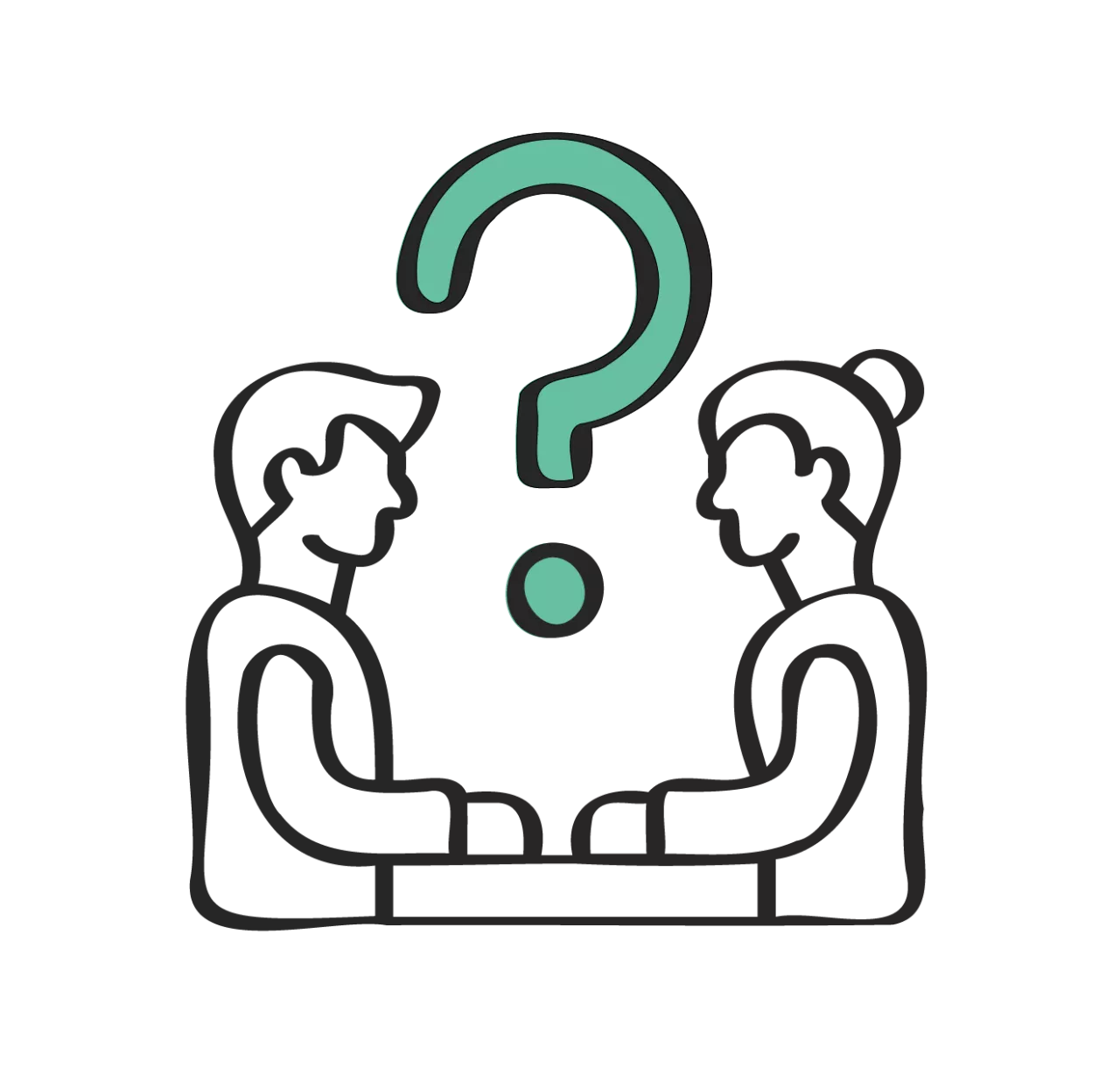 Icon Dialogformate in Veedeln Zeichnung von zwei Menschen, die sich gegenübersitzen. Zwischen Ihnen ist ein Fragezeichen.