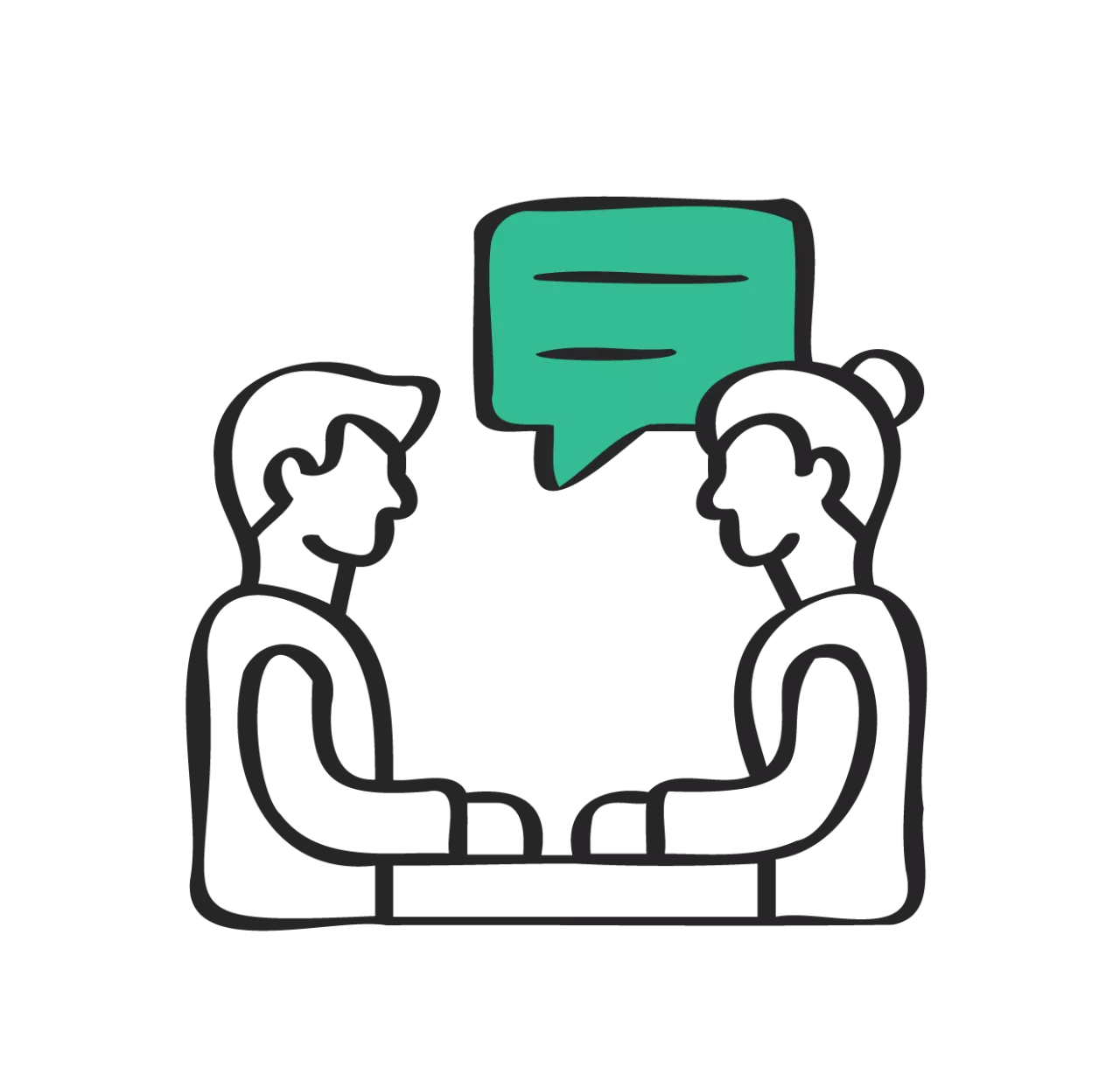 Icon Mobilitätsforum Zeichnung von zwei Menschen, die sich gegenübersitzen. Zwischen ihnen ist eine Sprechblase.